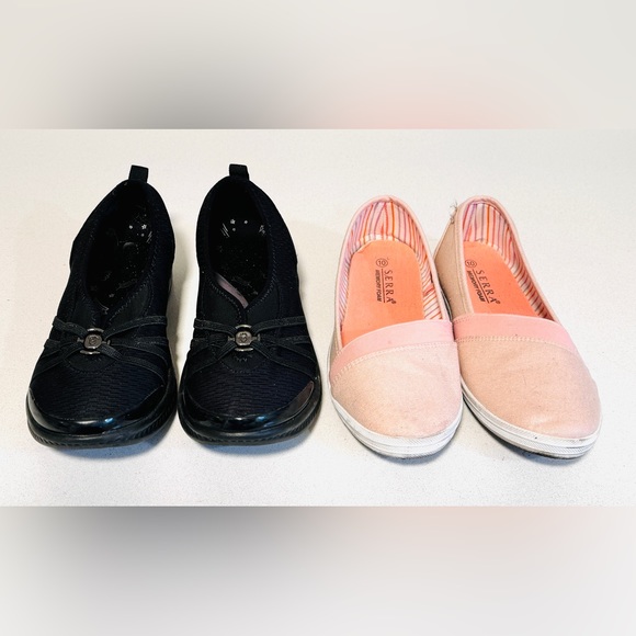 2 PAIR Women’s Size 10 Comfort Slip Ons Loafers BZees and Serra Black and Pink - Picture 3 of 13